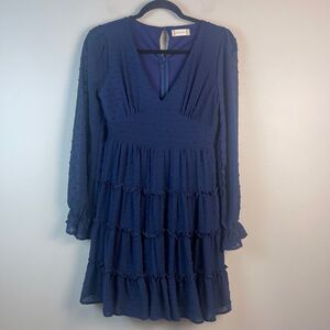 Altar'd State Dress Women's Small Navy Blue Swiss Dot Empire Waist Tiered Ruffle